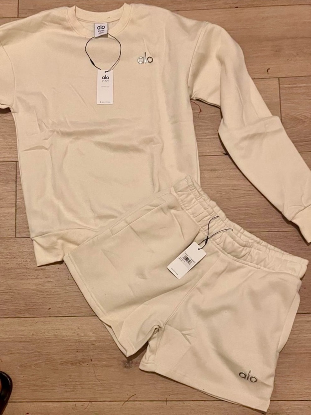 ALO Yoga Cream Crewneck Sweatshirt & Shorts Set